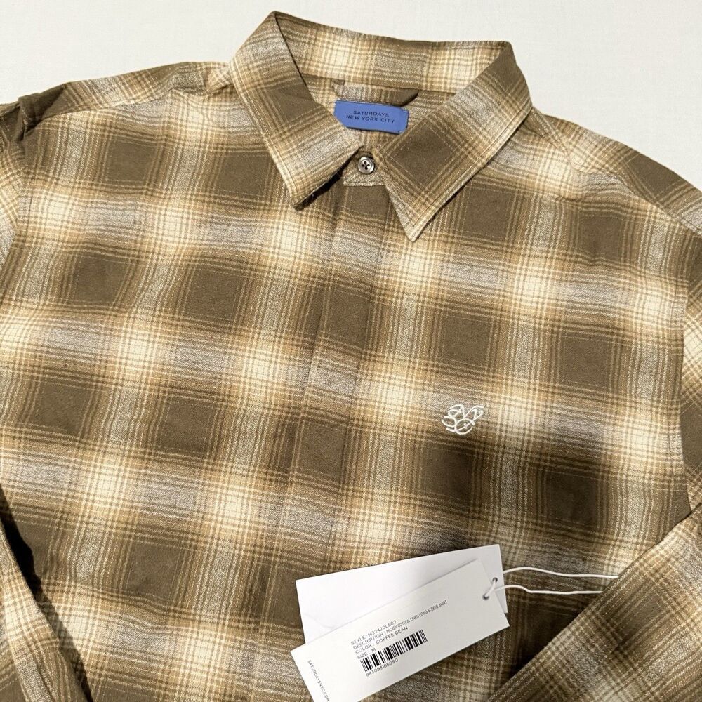 Men’s Saturdays NYC Shirt Mickey Long Sleeve Cotton Linen Shirt in Coffee Bean M